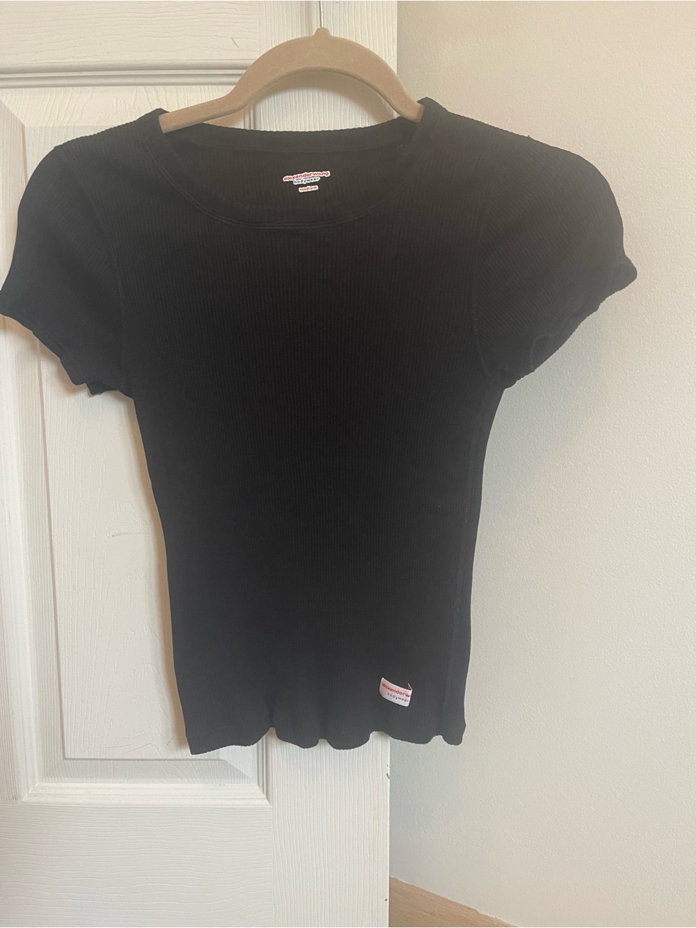 Alexander Wang Black Ribbed Short Sleeve Tee with Logo Patch